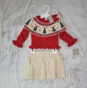Tahari Baby Infant Size 12 Months 3-Pc Holiday Sweater & Cable Knit Skirt & Bow
